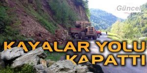 Yola düşen dev kayalar yolu kapattı