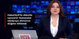 Habertürk'te göğüs dekoltesi sansürü! Kameralar stüdyoya dönünce gömleğinin düğmesini ilikledi